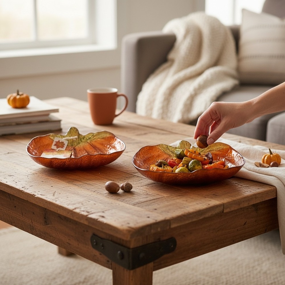 Nature Pumpkin Glass Bowls Set of 2 Orange Brand New Hand Decorated Turkey Decor